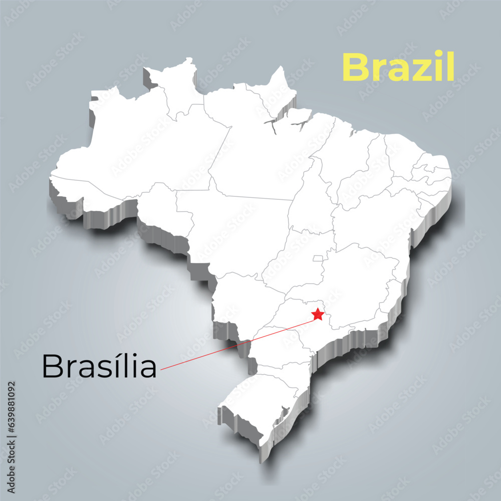 Fototapeta premium Brazil 3d map with borders of regions and it’s capital