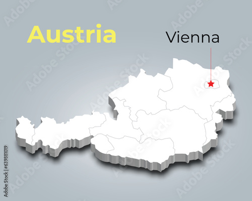 Austria 3d map with borders of regions and it’s capital