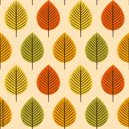 Seamless vector pattern of fall leaves in simple geometric shape, colorful autumn background.