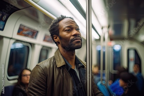 Attractive black man commuting on subway. Standing, holding pole, looking away. Photo generative AI