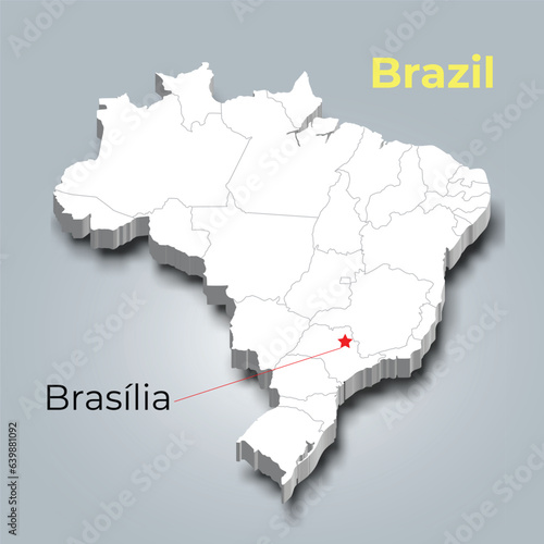 Brazil 3d map with borders of regions and it’s capital