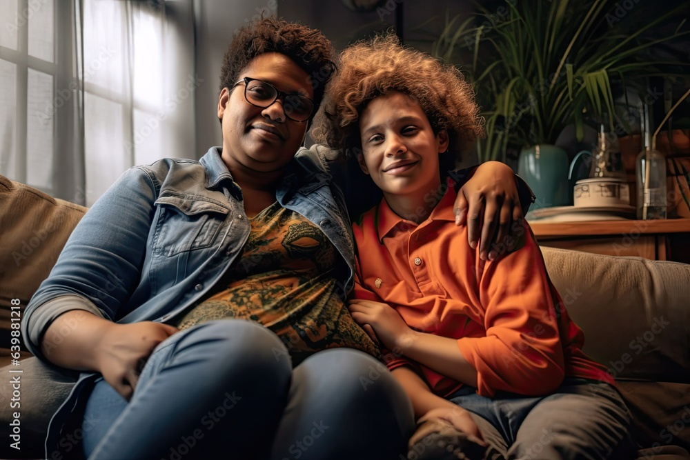 Mother and son embracing at home. Photo generative AI Mother and son embracing at home. Photo generative AI