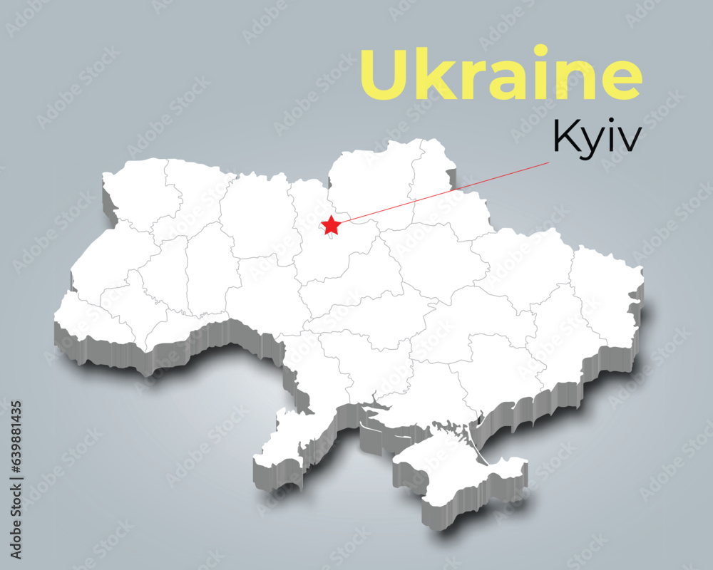 Ukraine 3d map with borders of regions and it’s capital