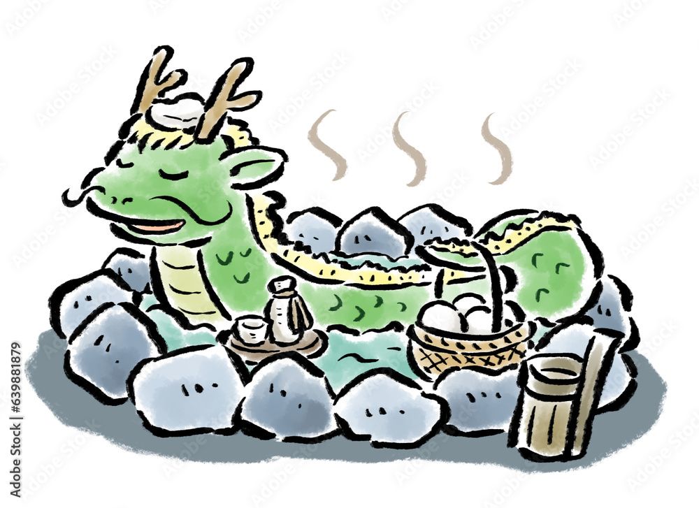 Obraz premium 温泉でくつろぐ辰（龍） 筆タッチ手描きイラスト 
