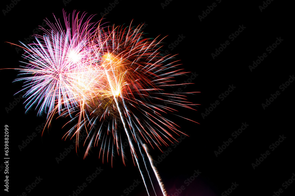 Colorful fireworks infront of a black night sky. The fireworks are a variety of colors, including yellow, purple, and pink. Sky provides plenty of text copy space