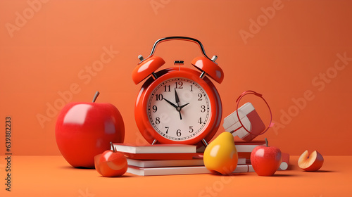 Back to school theme with orange alarm clock with school equipment and red apple on orange background