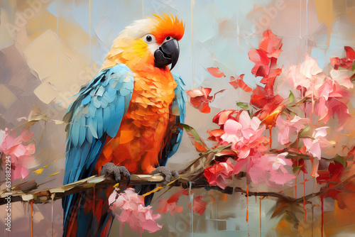 The parrot sits on a branch with beautiful flowers. Oil painting in the style of impressionism. © Osadchyi_I