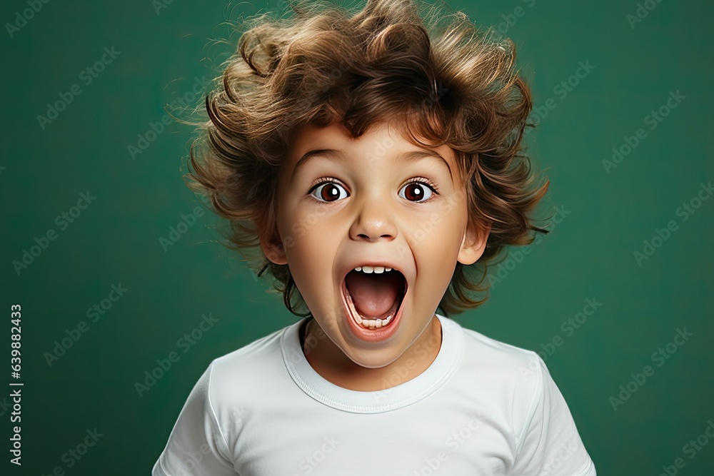 Portrait of surprised scared little boy with curly hair in T-shirt, healthy happy child, positive emotions. indoor studio shot isolated on green background Portrait of surprised scared little boy with curly hair in T-shirt, healthy happy child, positive emotions. indoor studio shot isolated on green background