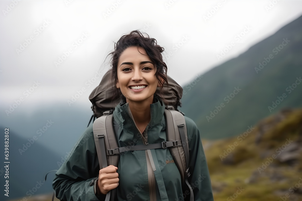 Portrait of happy woman hiker smiling standing on the top of mountain, adventure woman traveling alone and hiking on the top of mountains in summer vacation trip on weekend