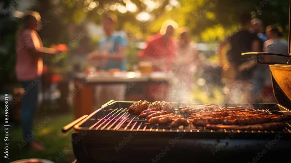 Barbecue grill during party at backyard with blured a lot of friends morning Barbecue grill during party at backyard with blured a lot of friends morning