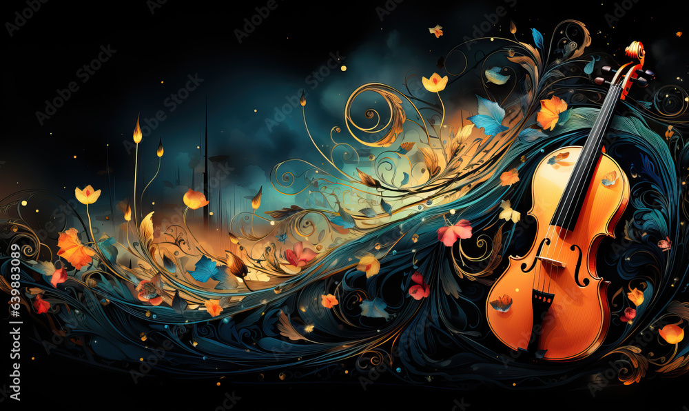 Abstract colorful musical background with notes, instruments.