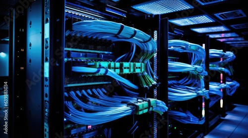 Big database servers room connection with Fiber optic cable internet