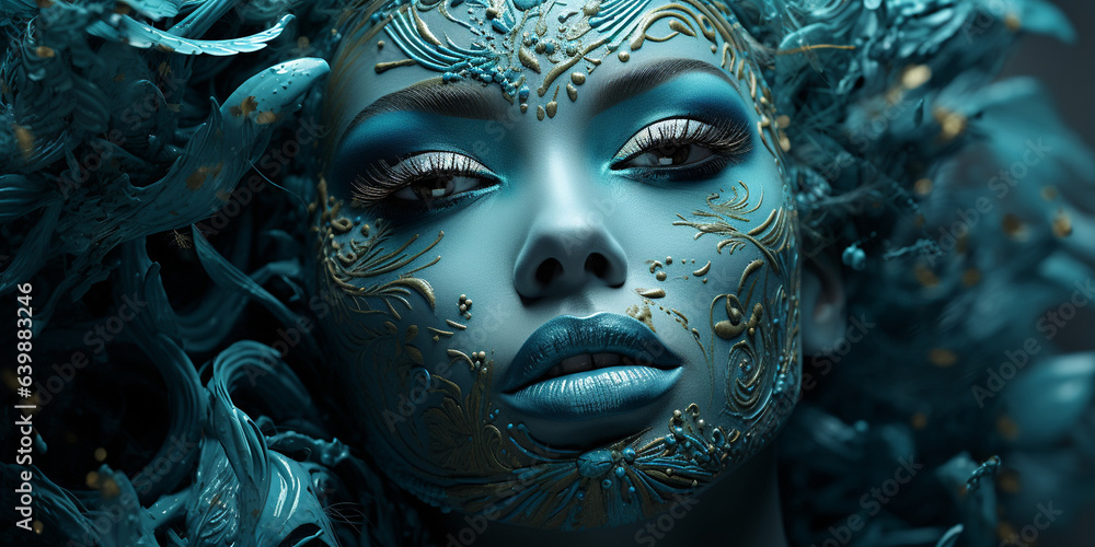 Afroamerikanisches Model Frau mit Applikationen in gold und türkis im Gesicht mit Kopfschmuck und grandioser Visagistik Nahaufnahme als Poster im Querformat, ai generativ
