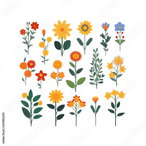 Flower collection with leaves, floral bouquets. Vector flowers. Spring art print with botanical elements. Happy Easter. Folk style. Posters for the spring holiday. icons isolated on white background.