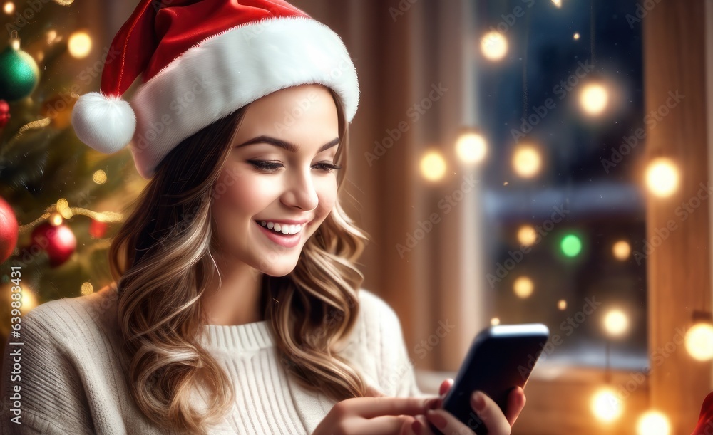 Positive optimistic Xmas female in Santa cap excited with good news about gift, looking at smartphone screen, reading text, chatting online, celebrating Christmas holiday, New Year congratulations Positive optimistic Xmas female in Santa cap excited with good news about gift, looking at smartphone screen, reading text, chatting online, celebrating Christmas holiday, New Year congratulations