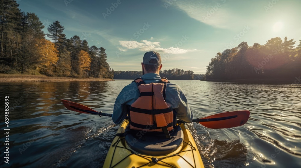 Back side view of man Kayaking in lake