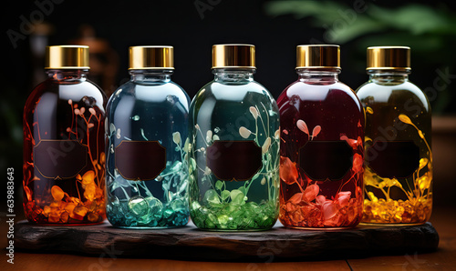 Transparent bottles with soap on a blurred background.