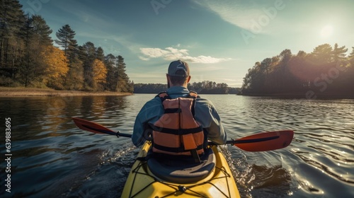 Back side view of man Kayaking in lake © Fred