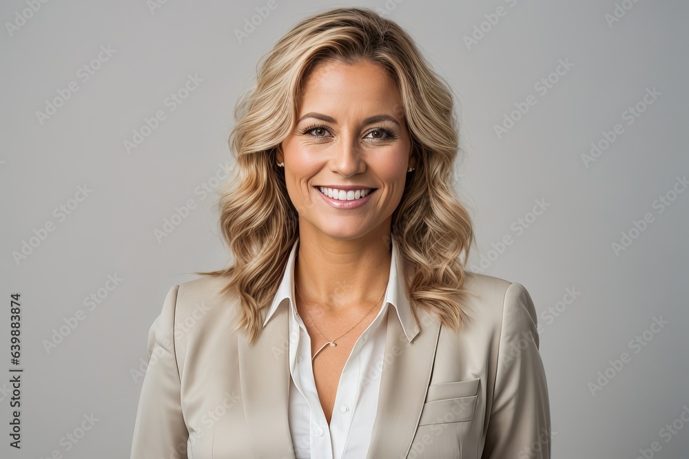 Studio portrait of smiling positive business woman on white background