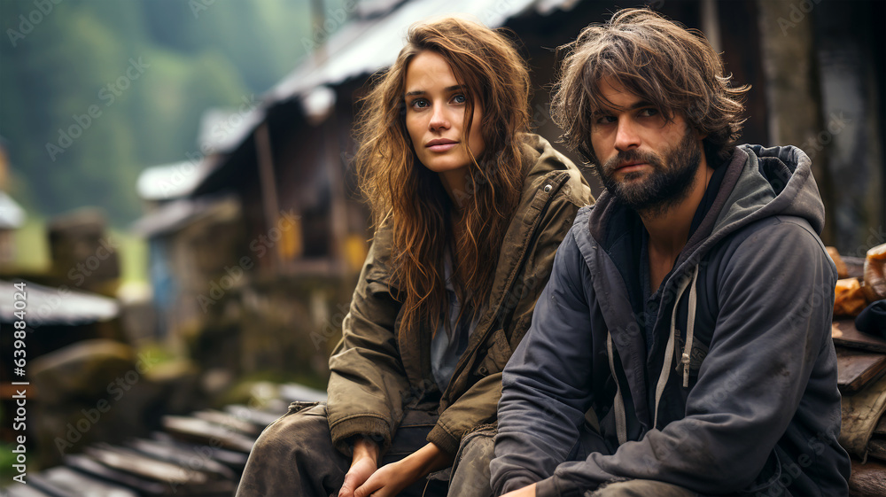 A man and a woman in outerwear on a cloudy fall day, the concept of depression and loss of meaning in life A man and a woman in outerwear on a cloudy fall day, the concept of depression and loss of meaning in life