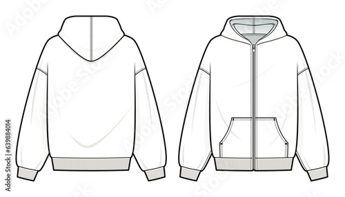 Zip-Up Hoodie fashion flat technical drawing template. Zip-Up Hoodie technical fashion illustration. front and back view. oversized. drop shoulder. unisex. white color. CAD mockup.