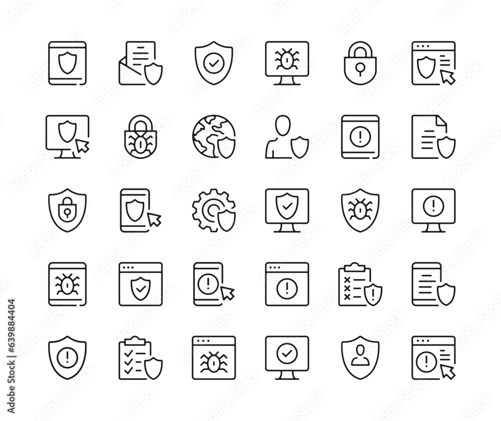 Antivirus icons. Vector line icons set. Black outline stroke symbols