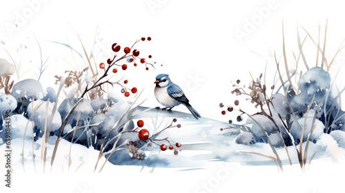 winter watercolor illustration with a bird