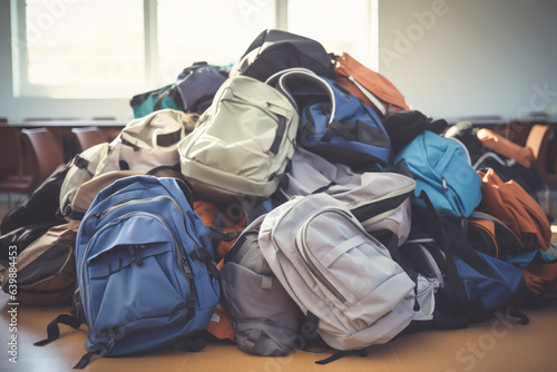 A mountain of student backpacks placed on top of each other, disorganized, within a classroom in a school.back to school concept