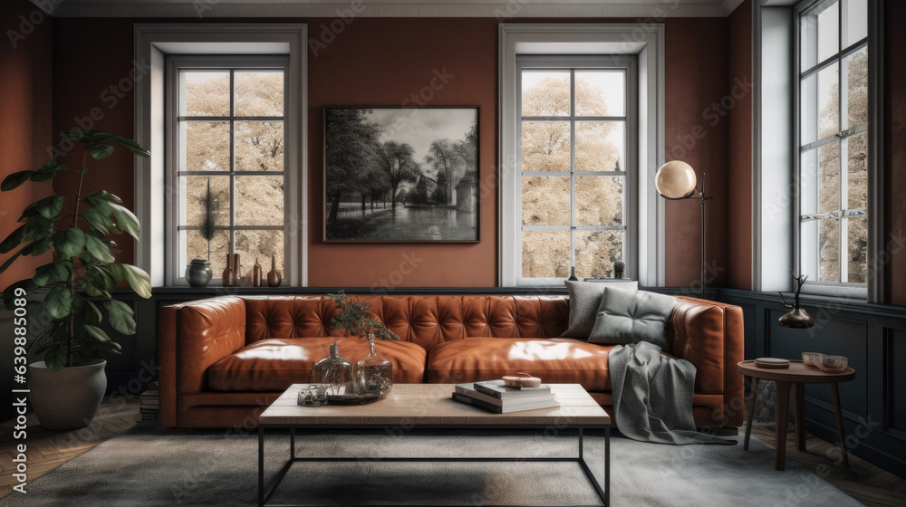 Interior of modern cozy living room in gray and terracotta tones. Leather Chester sofa with pillows, coffee table, trendy floor lamp, poster on the wall, large window, modern home decor. 3D rendering. Interior of modern cozy living room in gray and terracotta tones. Leather Chester sofa with pillows, coffee table, trendy floor lamp, poster on the wall, large window, modern home decor. 3D rendering.