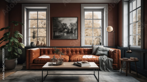 Interior of modern cozy living room in gray and terracotta tones. Leather Chester sofa with pillows, coffee table, trendy floor lamp, poster on the wall, large window, modern home decor. 3D rendering. © Matthew