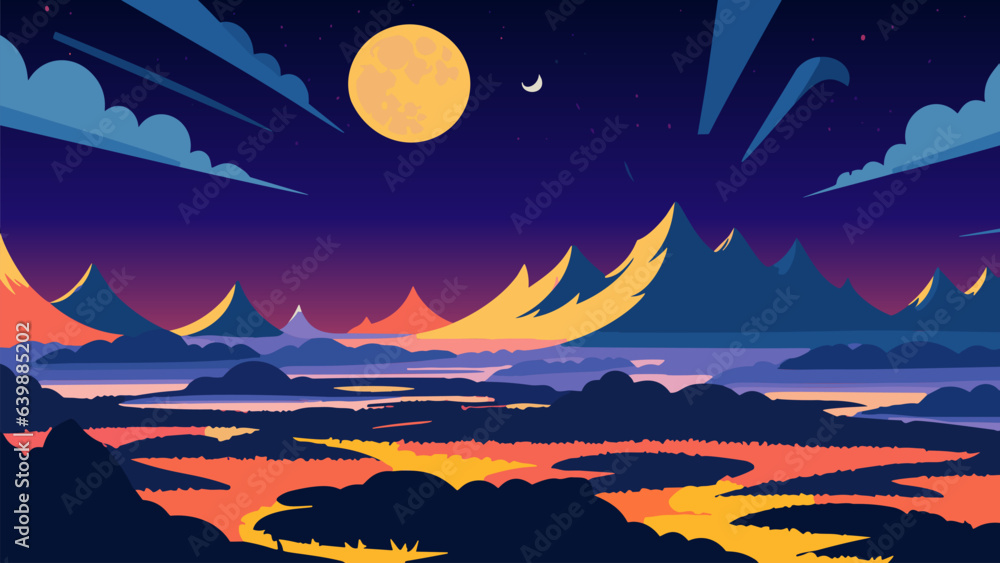 Painting of a landscape with mountains and a moon in the sky above it and a lake below it, colorful flat surreal design, a matte painting, space art. Cartoon anime background.