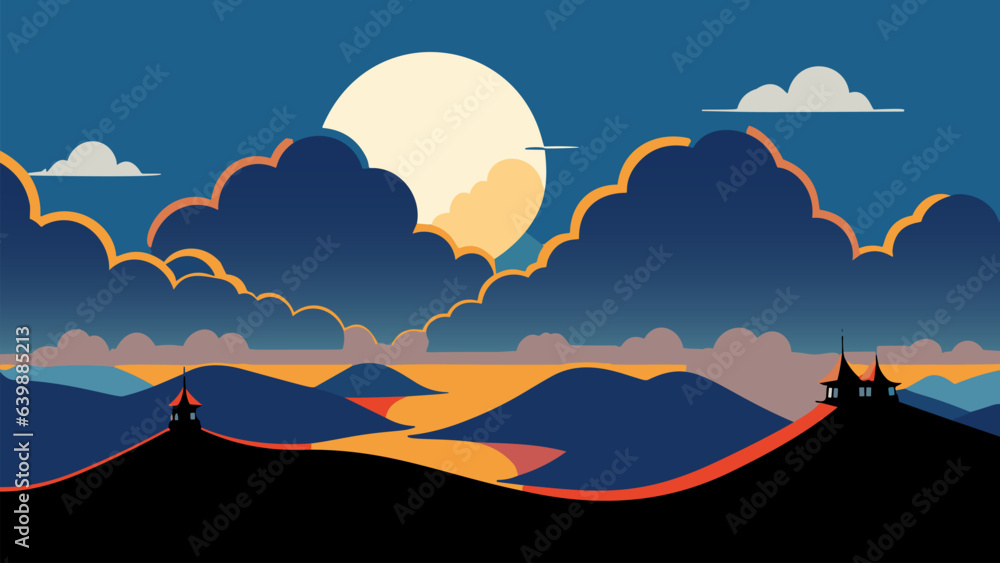 Landscape with mountains and a full moon in the sky with clouds and a few buildings on the hill, colorful flat surreal design, vector art, serial art. Cartoon anime background. Landscape with mountains and a full moon in the sky with clouds and a few buildings on the hill, colorful flat surreal design, vector art, serial art. Cartoon anime background.