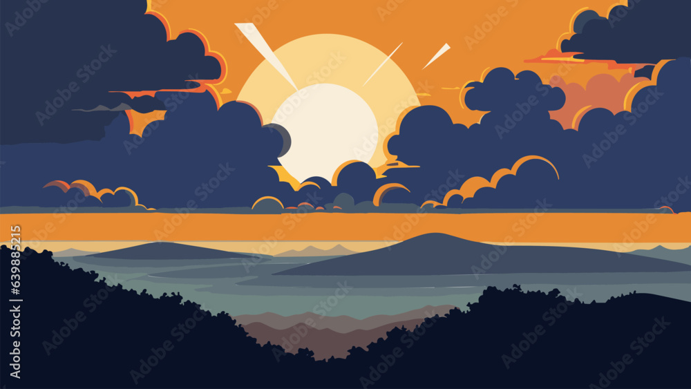 Sunset with clouds and mountains in the background and a sun setting over the horizon with a few clouds, sun, vector art, environmental art. Cartoon anime background.