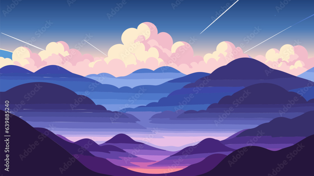 Landscape with mountains and a sky with clouds and stars in the background, with a pink and blue hue, colorful flat surreal design, vector art. Cartoon anime background.