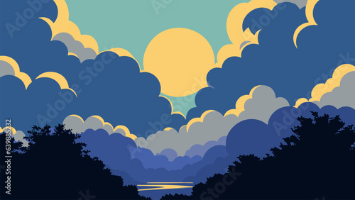Painting of a sunset over a lake with trees in the foreground and a blue sky with yellow clouds, sky, vector art. Cartoon anime background.