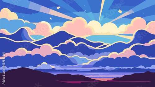 Painting of a mountain range with clouds and stars in the sky above it and a blue sky with a few clouds  colorful clouds  a matte painting  space art. Cartoon anime background.