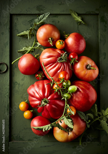 Freshly harvested organic tomatoes on rustic wooden background. Homegrown vegetables. Top view