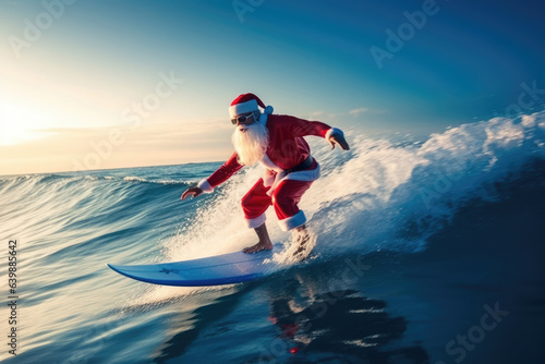 Santa Claus surfing in the blue sea