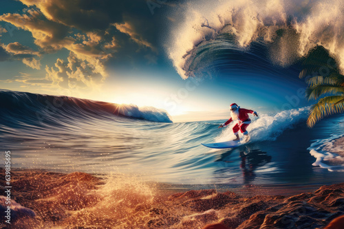 Santa Claus is having a happy surf vacation in the tropical coast