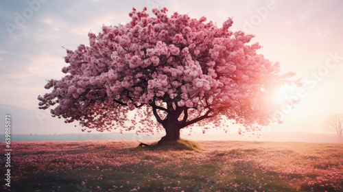 Under the gentle touch of spring's sun, a cherry blossom tree blossoms, adorning the world with soft shades of pink and captivating all who gaze upon its enchanting splendor