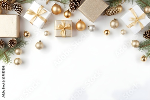 gold and white Christmas Flat Lay mockup background product photography with presents, pine cones, christmas balls	