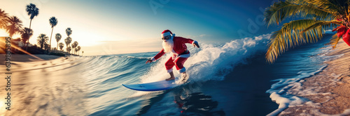 Santa Claus is having a happy surf vacation in the tropical coast, banner