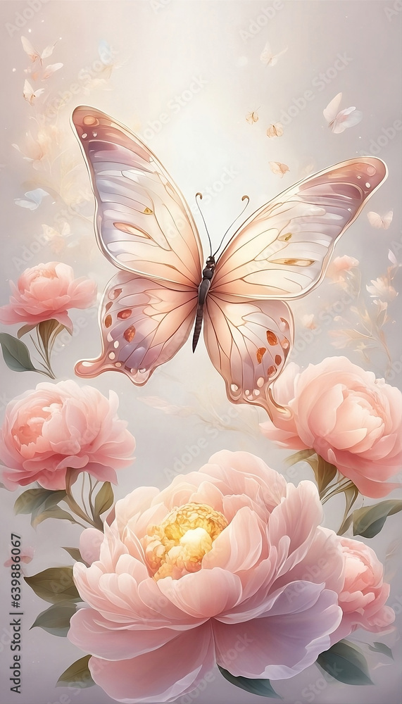 Butterfly with Peony flowers - Generative AI