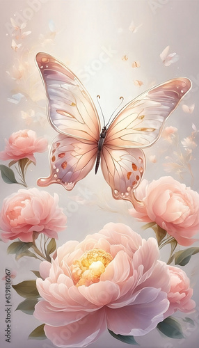 Butterfly with Peony flowers - Generative AI photo