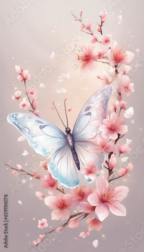 Butterfly with Cherry Blossom flowers - Generative AI