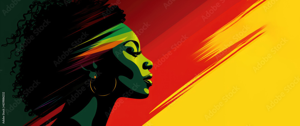 Black History Month background. African-american woman face in profile over red yellow green black colors background. Juneteenth freedom day. Racial equality, freedom, human rights day - obrazy, fototapety, plakaty 