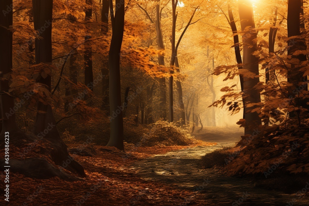 Autumn forest with fog and sunlight. Beautiful nature background. Fall season.