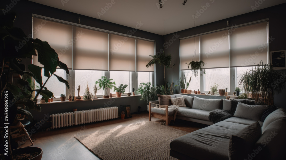 Fototapeta premium Interior roller blinds are installed in the living room, featuring white colored roller shades on the windows. Within the same room, there are also a houseplant and a sofa present.