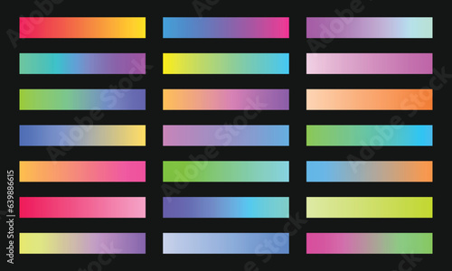 Colorful gradient swatches set. 27 vibrant color gradation palletes. Soft colour samples. Red, orange, pink, blue, green, yellow, and purple color combination.