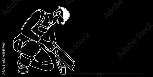 Single continuous line drawing of young construction worker. Building architecture business concept. One line draw design vector. Black background. 